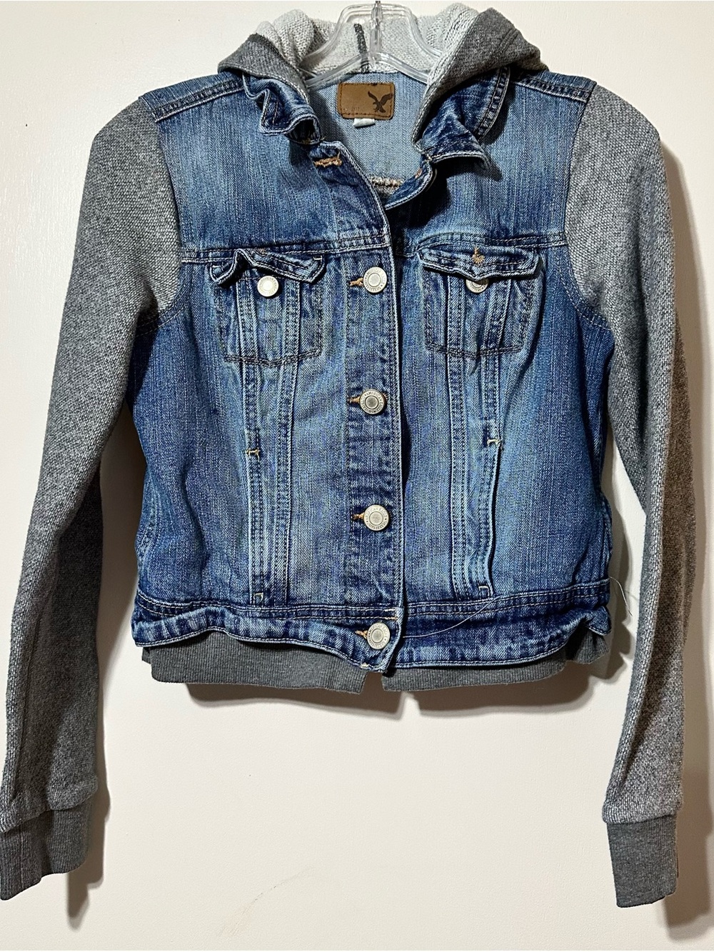 American Eagle Denim Jacket with Gray Knit Hood and Sleeves Women’s Size Small